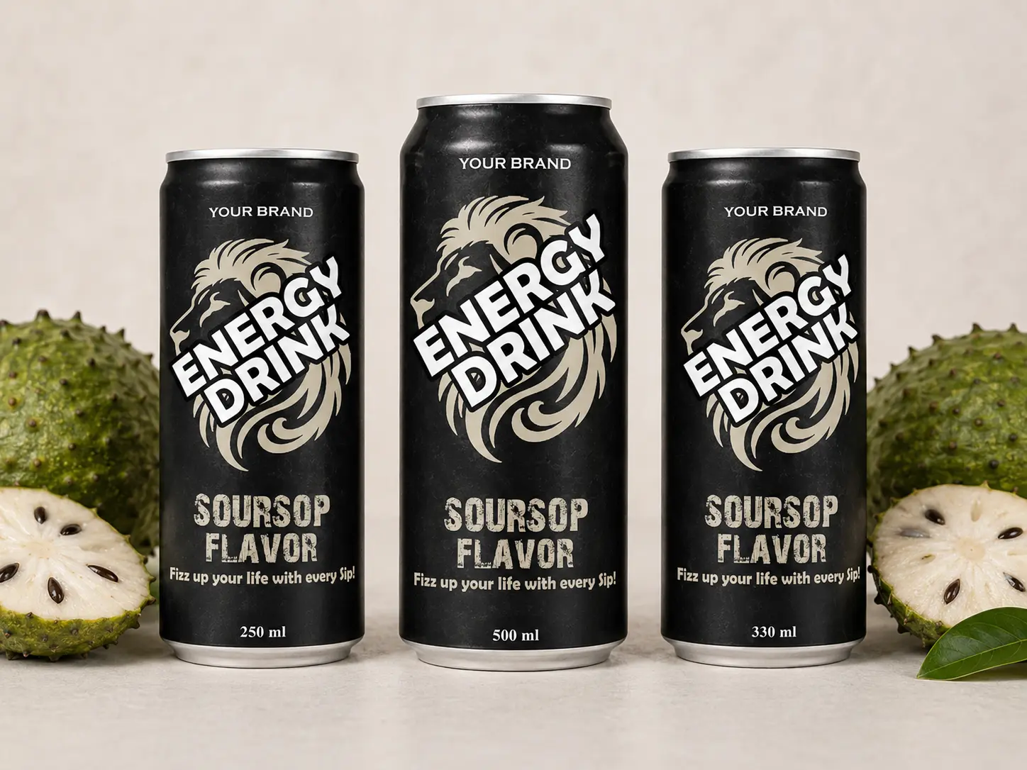 ENERGY DRINK Soursop Flavor 250ml, 500ml and 330ml cans.